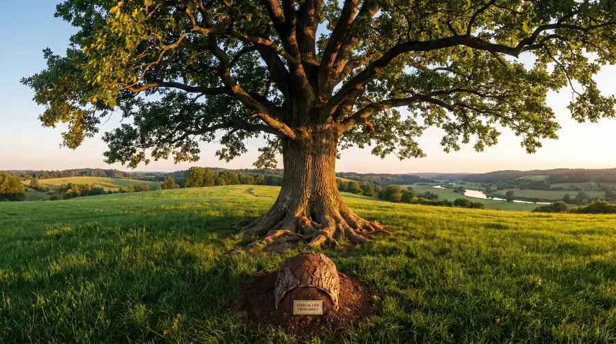 Alter Baum auf einer Wiese mit kleiner Namenstafel