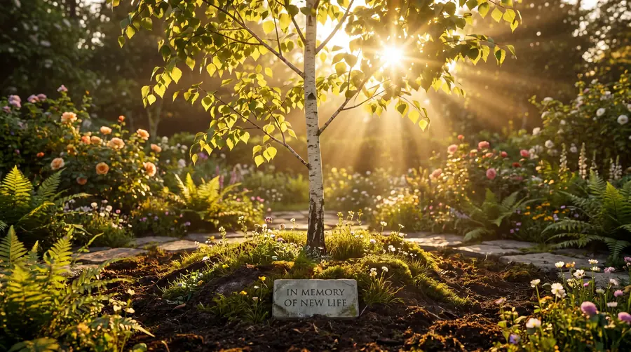 Junger Baum in einem blühenden Garten im Gegenlicht